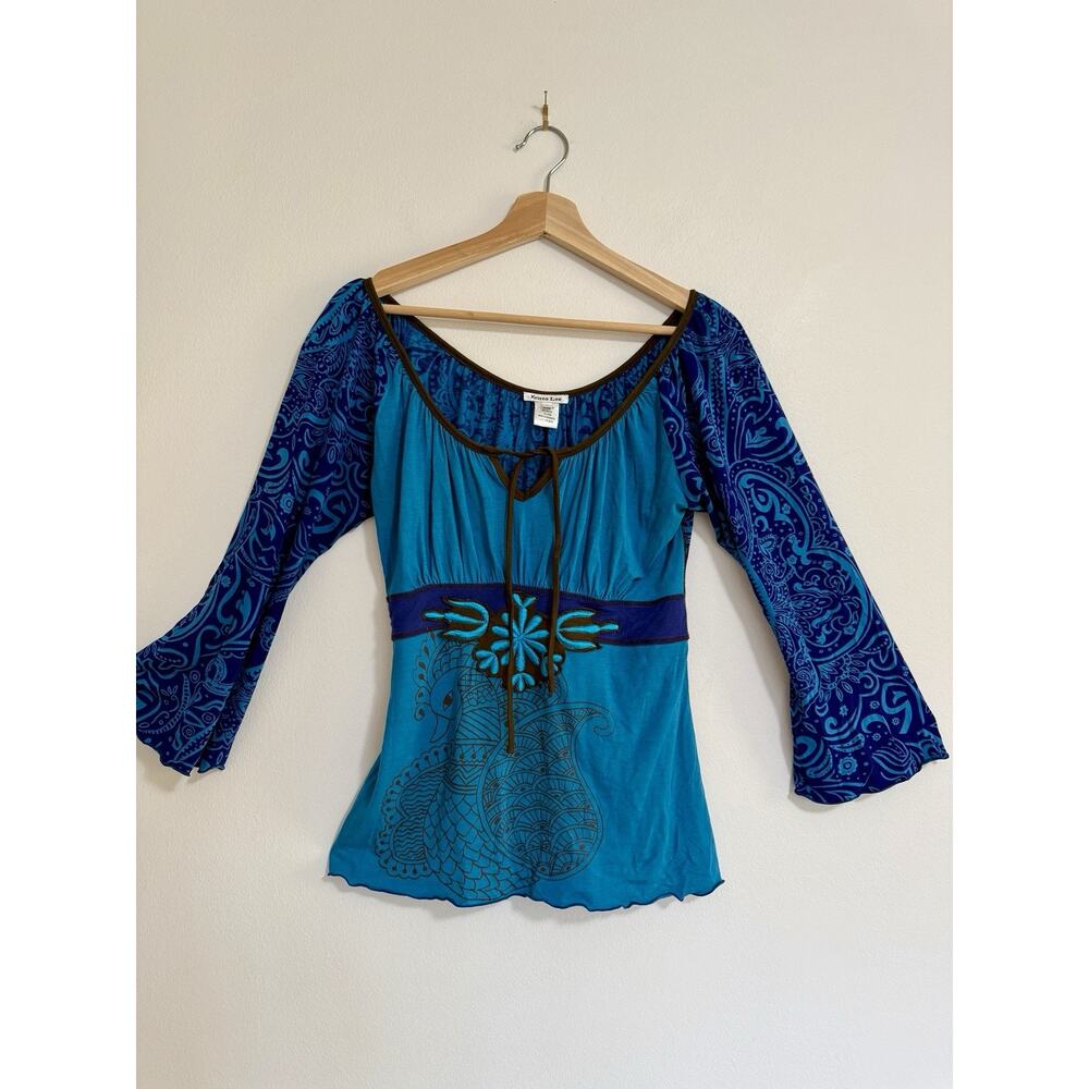 Y2K Peacock Boho MED Tee - Blue Krista Lee‎ Vintage Abstract 3/4 Sleeve Shirt